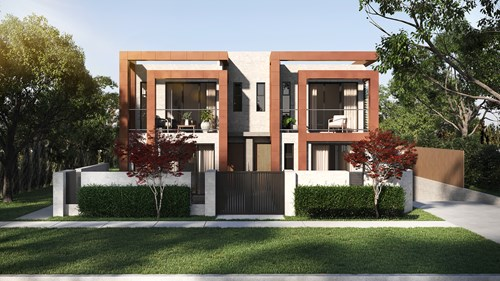 A modern, two-story duplex with large windows, balconies, and concrete and copper accents, set behind a fence and manicured hedges.